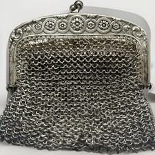 Antique French Rare Chain Mesh DOUBLE Chatelaine Coin Purse Silver Finger Clasps