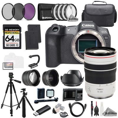 Canon EOS R8 + RF 70-200mm f/4 L IS USM Lens+64GB+ExtBat+9PCFltr-MEGAKit