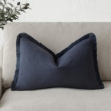 Foindtower Navy Blue Linen Fringe Lumbar Pillow Cover 12x20 Boho Farmhouse