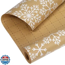 LaRibbons Kraft Vintage Christmas Wrapping Paper, Classic White Snowflake Des