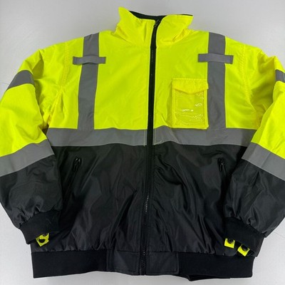High Visibility Reflective Safety Coat Jacket MENS Hooded Lined Full Zip LARGE