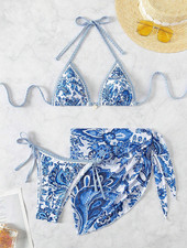 Bikini Traje de Baño Para Mujer 3 piezas azul y blanco Biquinis Bañador y Trusa