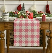 Table Runner 13x72in Woven Polyester Bright Pink Check