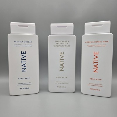 Native Body Wash 18fl oz Lot of 3) Sea Salt & Ceder, Citrus & Herbal, Sandelwood