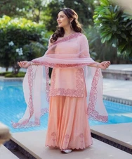 Women's Peach Cotton Sharara Suit Set – Embroidered Festive Wear