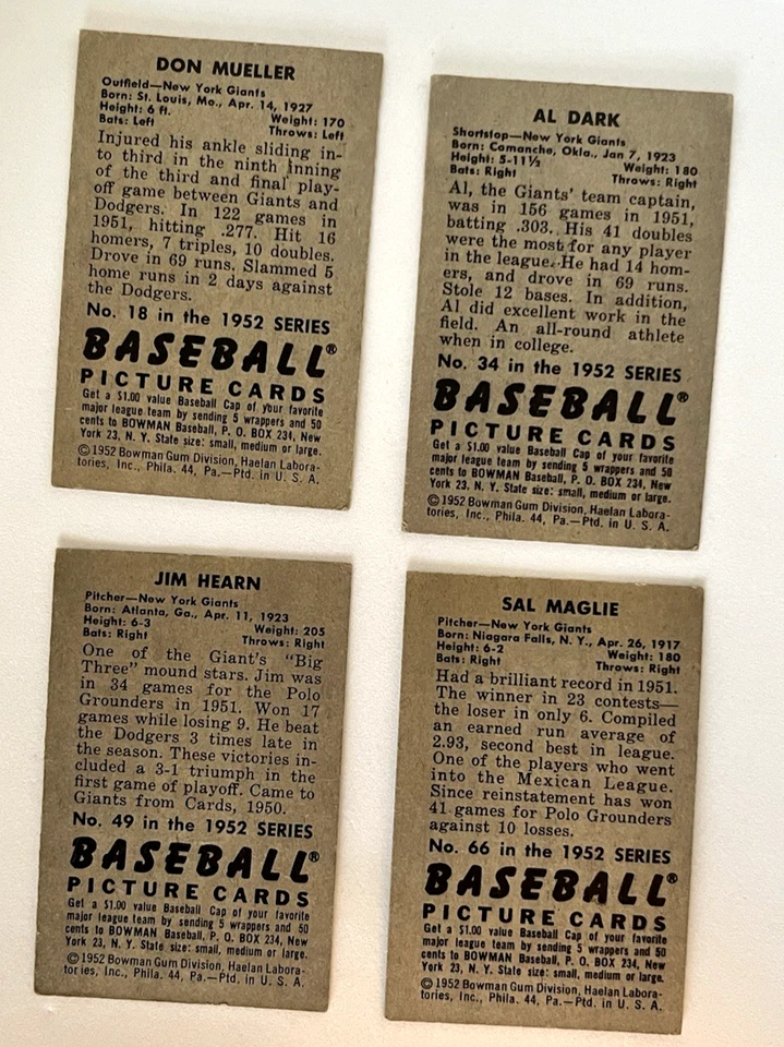 Lote (14) Bowman New York Giants 1951-52 - Dark, Maglie, Westrum, Jansen, Mueller Foto 2 de 4