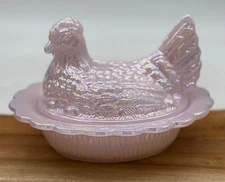 Covered Hen on Wide Rim Base - Crown Tuscan Carnival - Mosser Glass, USA