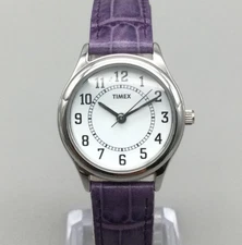 Timex Watch Womens 28mm Silver Tone Purple Leather Band New Battery
