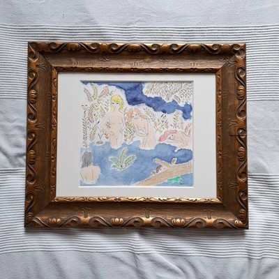 Antiker Stuckrahmen Jugendstil kolorierte Zeichnung Akt Gabrielle Rul 43x50,5 cm