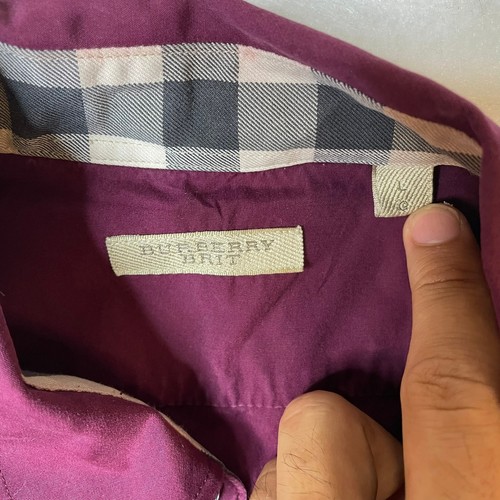 Burberry Brit Button Down Shirt Long Sleeve Plaid Trim Burgundy Mens Large L - Picture 2 of 9