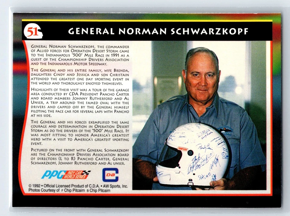 1992 All World Indy H. Norman Schwartzkopf Pancho Carter Al Unser Rutherford #51 - Image 2 of 2
