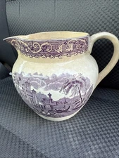 Purple Transfer Pitcher Thames England Boat Scene British Anchor Pottery C 1900