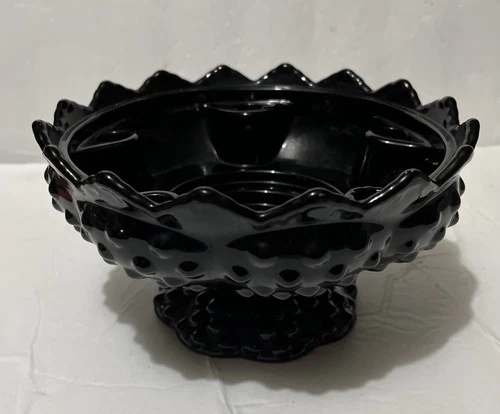 Vintage Fenton Black Ebony Glass Hobnail 6 Candle Holder Footed Flower Bowl