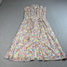 LOFT Dress Womens 12 White Floral Button Front Collared Belted Midi Modest Boho