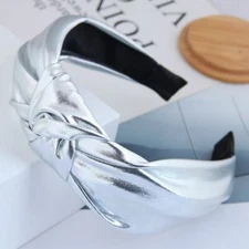 Hot Fluorescent Silver Color Knotted Turban Pu Fabric Wide Headband 