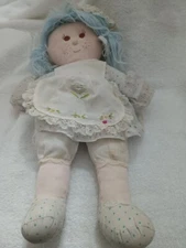 MTY International Vintage Rag Doll W/Blue Hair, Brown Eyes, Flower Apron &Dress
