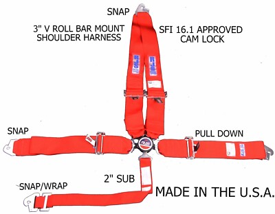 RJS SFI 16.1 CAM LOCK 5 POINT RACING HARNESS BELT V ROLL BAR SNAP IN RED 1029404