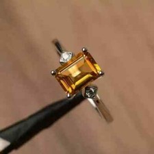 Fancy 1.60Ct Emerald Cut Yellow Citrine CZ Engagement Ring 14K White Gold Over