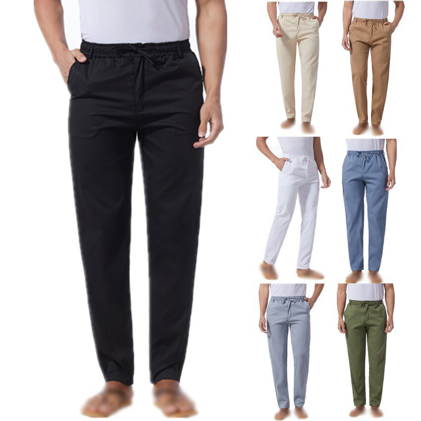 Men Faux Cotton Linen Casual Pants Lightweight Elastic Waist Yoga Home Trousers