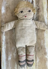 Vintage linen cloth rag doll embroidered face hair shoes socks 1930's ? folk art