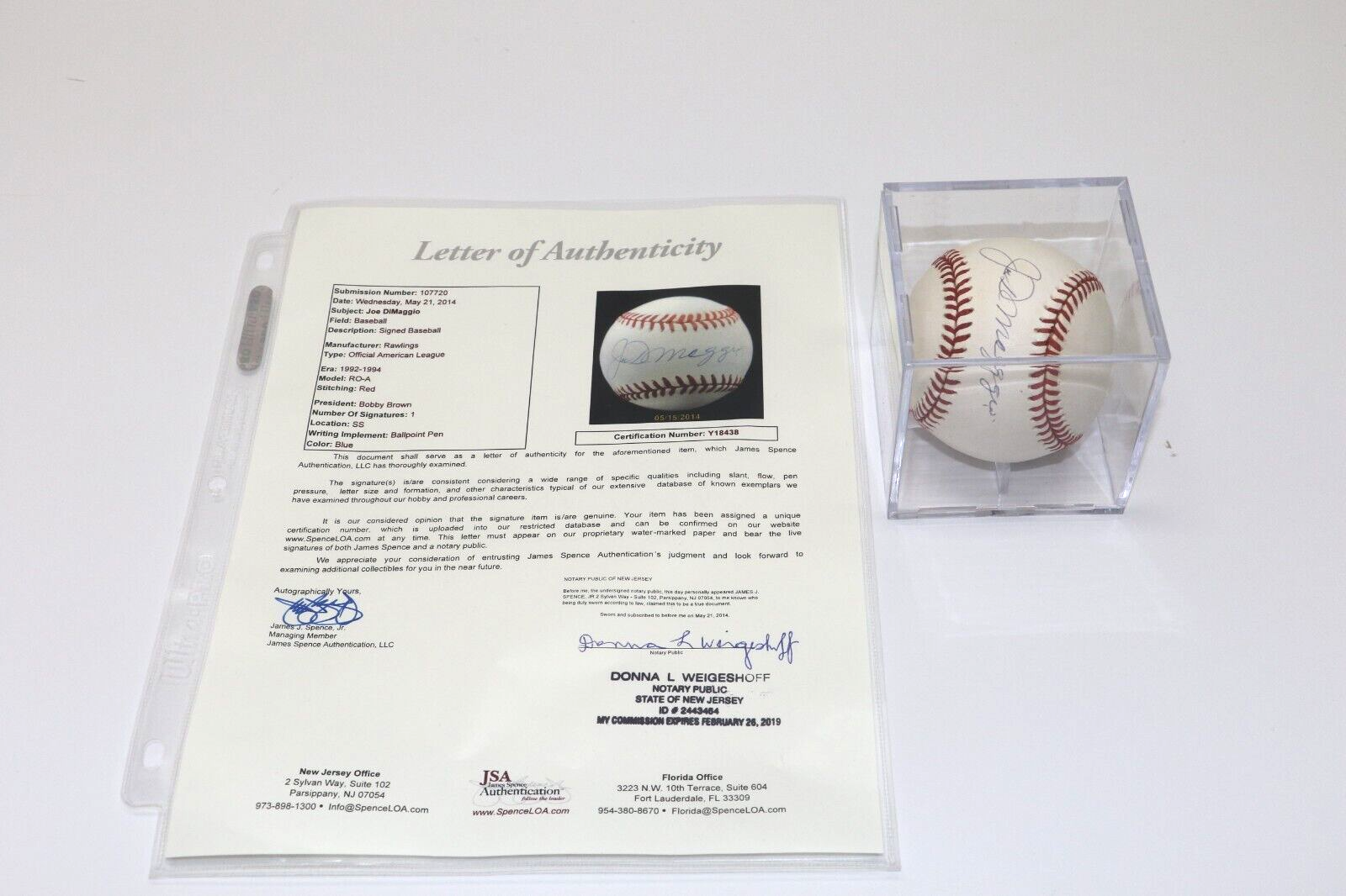 Joe DiMaggio Autographed Signed New York Yankees HOF Rawlings OAL Baseball 