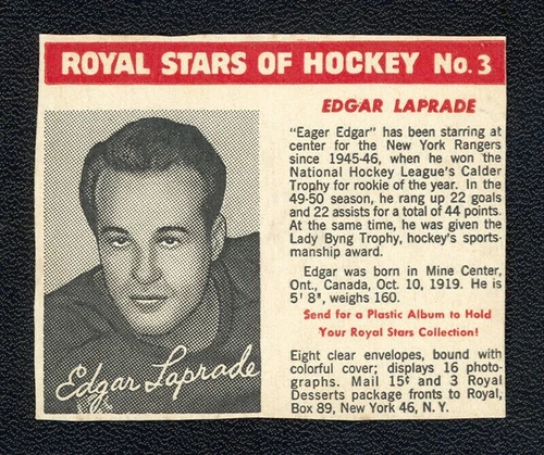 1952 ROYAL DESSERTS HOCKEY CARD #3 EDGAR LAPRADE HALL OF FAME ~ NEW YORK RANGERS