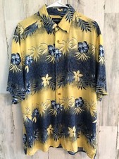 vtg PURITAN Button Shirt Sz L Hawaiian Yellow Blue Rayon Short Slv Pocket