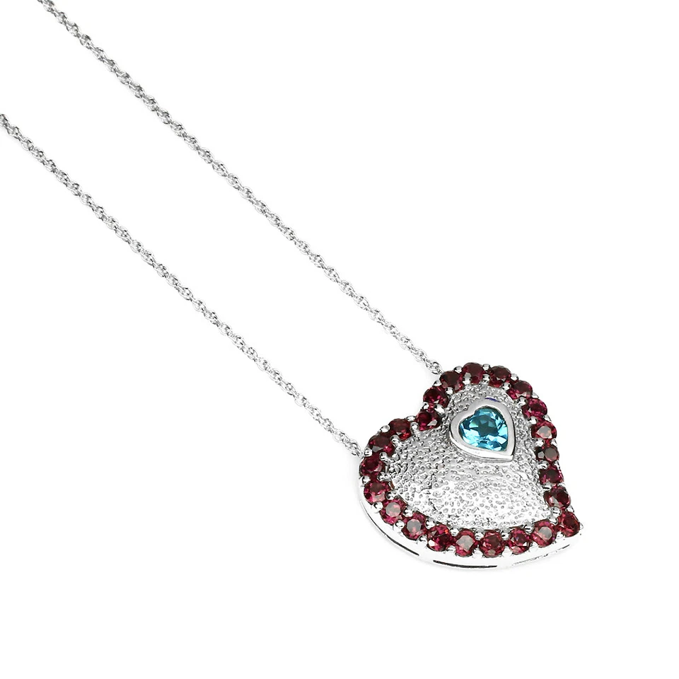 925 Sterling Silver Necklace Heart Swiss Blue Topaz Rhodolite Garnet  Gemstone - Image 3 of 4