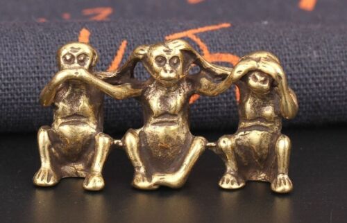 Brass Three Monkey Pendant Animal Statue Small Sculpture Tabletop Figurine Gifts - Picture 1 of 7