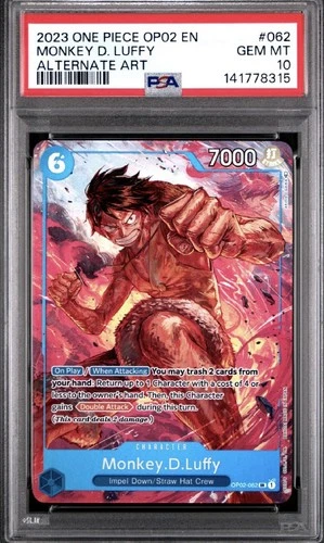 2023 ONE PIECE OP02-PARAMOUNT WAR ALTERNATE ART #062 MONKEY D. LUFFY PSA 10