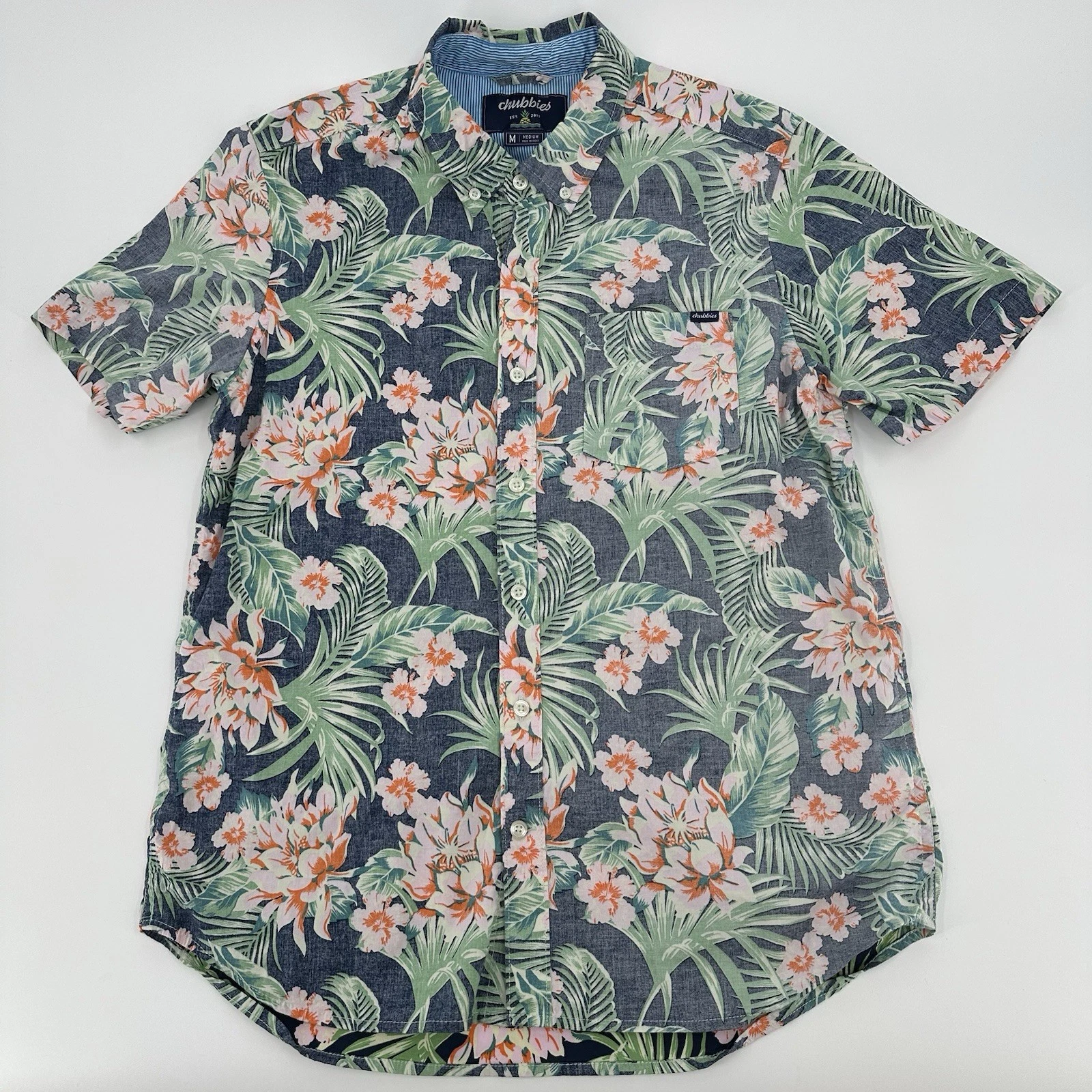 Chubbies Shirt Men Medium Blue Hawaiian Floral Stretch Button Down Reverse Print