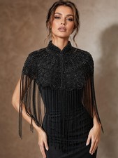 Black Beaded Capelet VTG Collar Shawl Stole Shrug Fringe Ballroom Women