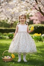 American Princess Girls Sz 5 Easter Wht Satin Floral 5-Layer Tulle Dress Pearls
