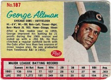 1962 POST - #187 GEORGE ALTMAN (CUBS)!! GREAT CARD!!