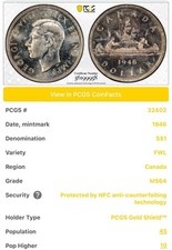💥1946 CANADA SILVER DOLLAR PCGS MS64 FWL - KING GEORGE VI⭐SILVER COIN