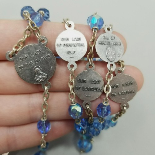 Vintage Our Lady Saint Crucifix Blue Iridescent Glass Beads Silver Tone - Picture 8 of 10