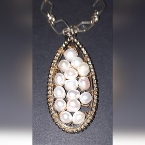 Authentic Genuine pearl wire wrapped gold plated pendant 2in Approx. Artisan Bead