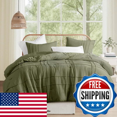 Comfort Spaces Olive Green Queen Size Comforter Set - 3 Piece Pintuck Pleated
