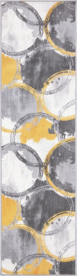 Evora Modern Yellow Runner Rug, Contemporary Circles Design, Non-Shedding Car... - Image 2 of 4