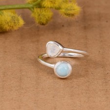 Handmade Moonstone  Larimar Sterling Silver Adjustable Open Ring For Wedding