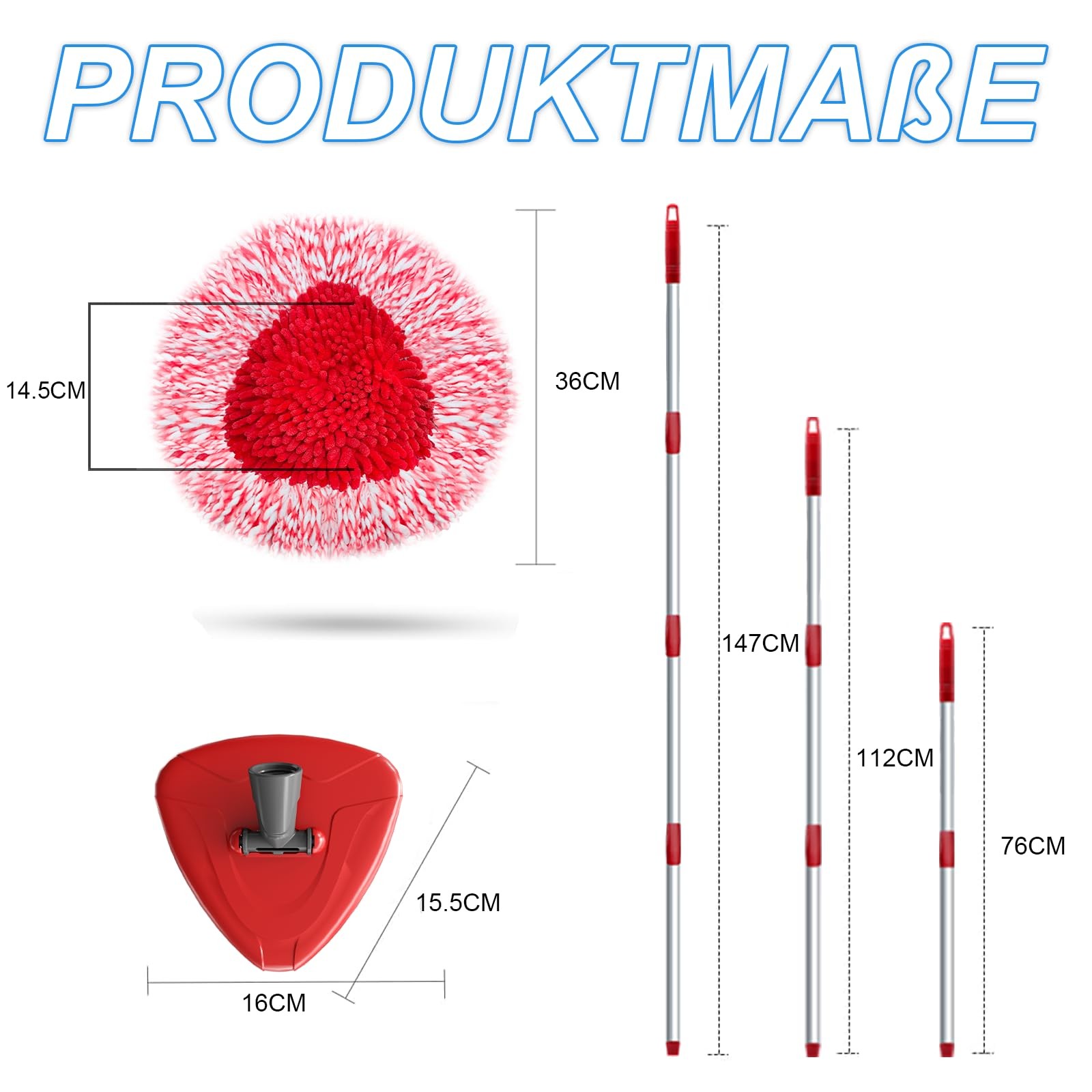 Wischmopp Set Rot, 2 Stück mit verstellbarem Stiel 76-148 cm, für Haushalt 5