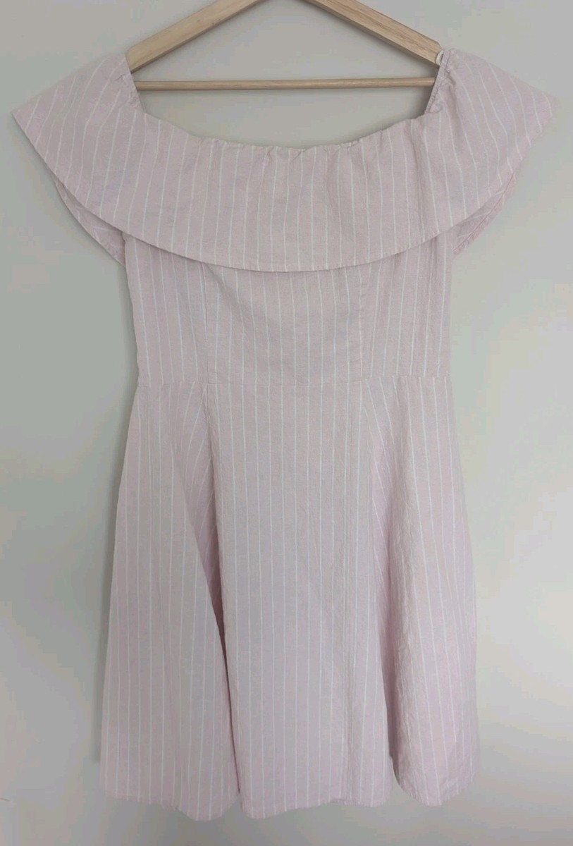 saks off fifth pink dress Saks Fifth Avenue Womens Size12 Linen Blend Dress Pink White Stripe Off  Shoulder