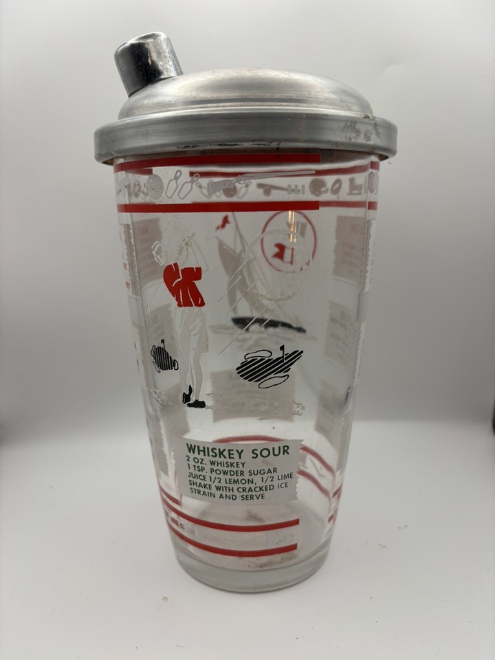 Vintage 1950s Hazel Atlas Cocktail Shaker Mixer W/ 8 Recipes Golf Sailboat Theme