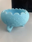 Vintage Fenton Blue Satin Custard Glass Pedestal Compote Bowl Hobstar Pinwheel