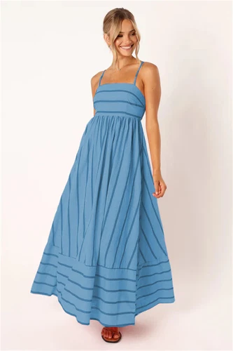 Women's Casual Basic Spaghetti Strap Maxi Dress Sleeveless Summer Strips Dresses - Picture 18 of 31