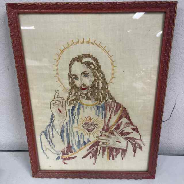 Vintage needle work cross stitch Jesus framed wall art BLHN Vintage needle work cross stitch Jesus framed wall art BLHN