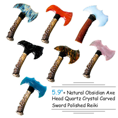 5.9'' Crystal Hand Carved Axe Head Handle Quartz Sword Dagger Healing Reiki 