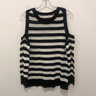 Rag & Bone Cold Shoulder Open Knit Black White Cotton Striped Sweater Sz S/P