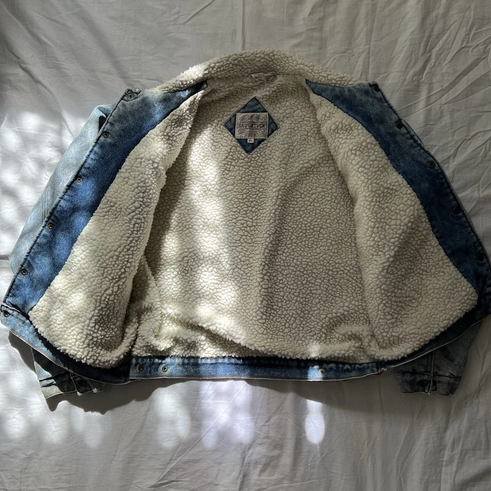 Vintage Denim Jacket With Sherpa Collar And Lining Fall Layering Washed Blue     - Image 3 of 4