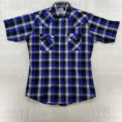 Ely Cattleman Men's M Short Sleeve Shirt Black Blue White Plaid Pearl Snaps